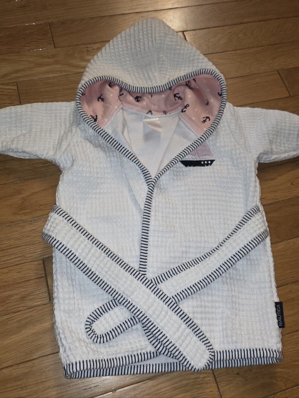 Nautica Infant 0-9 Mth Cream Waffle-Knit Kids Hooded Robe Pink Sailboat Lining - Picture 12 of 13